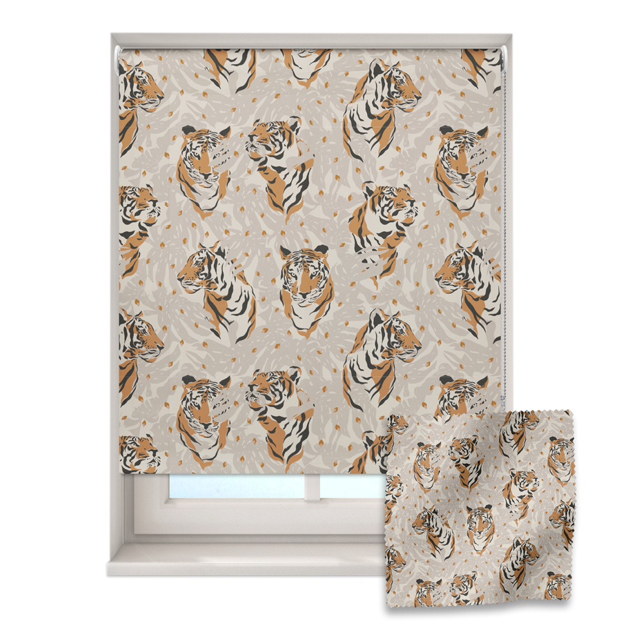 tiger heads roller blind on a window with a fabric swatch in front