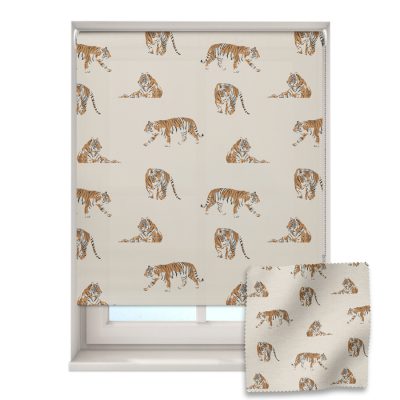safari tigers roller blind on a window with a fabric swatch in front