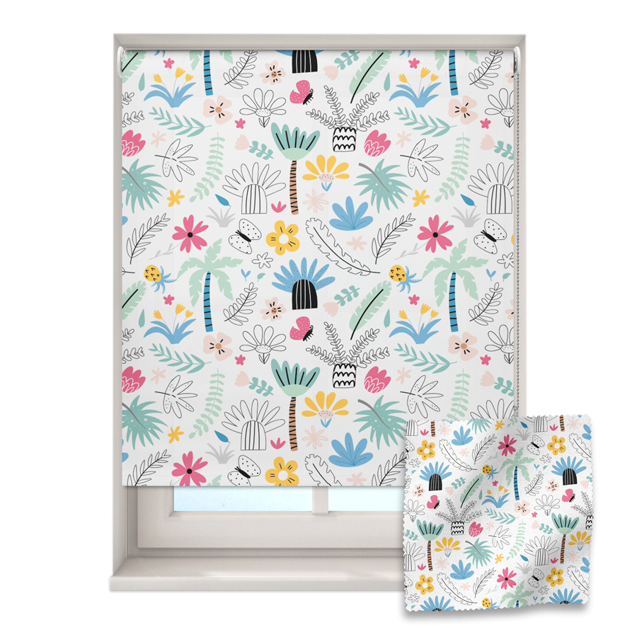 tropical doodles roller blind on a window with a fabric swatch in front