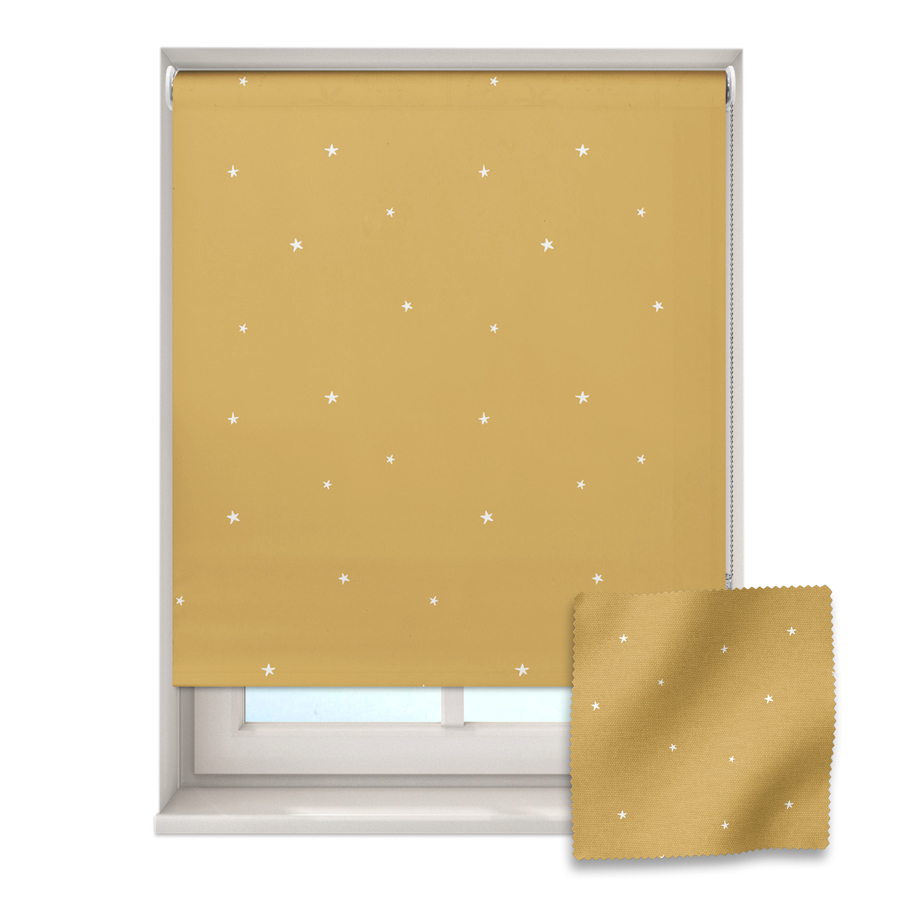 mustard stars roller blind on a window with a fabric swatch in front
