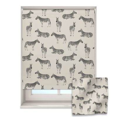 safari zebras roller blind on a window with a fabric swatch in front
