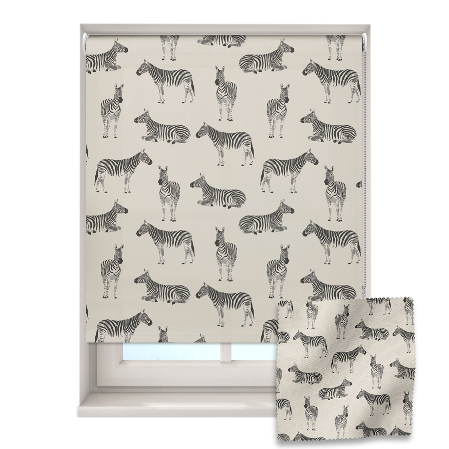 safari zebras roller blind on a window with a fabric swatch in front