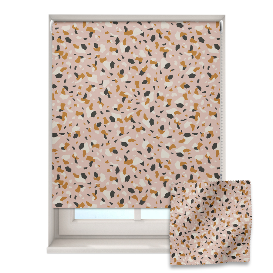 warm terrazzo roller blind on a window with a fabric swatch in front
