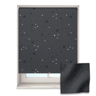 starry sky roller blind on a window with a fabric swatch in front