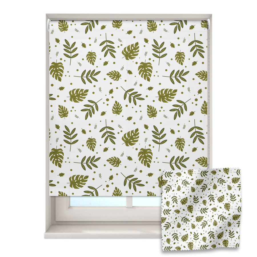 jungle leaves roller blind on a window with a fabric swatch in front