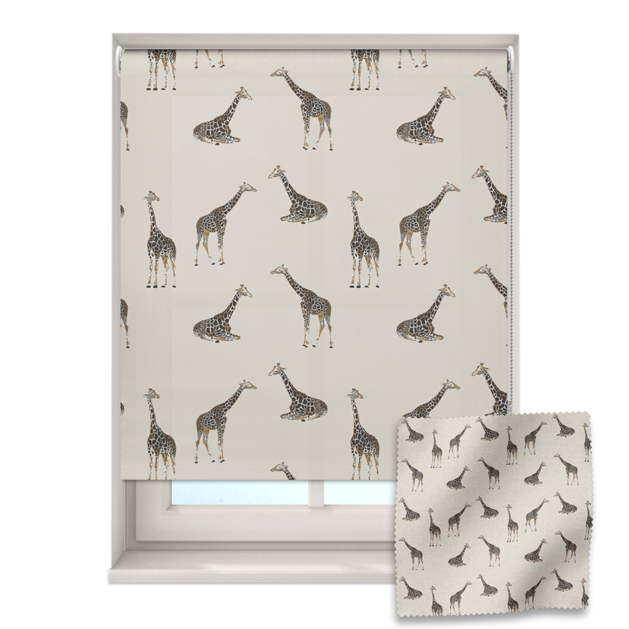 safari giraffe roller blind on a window with a fabric swatch in front