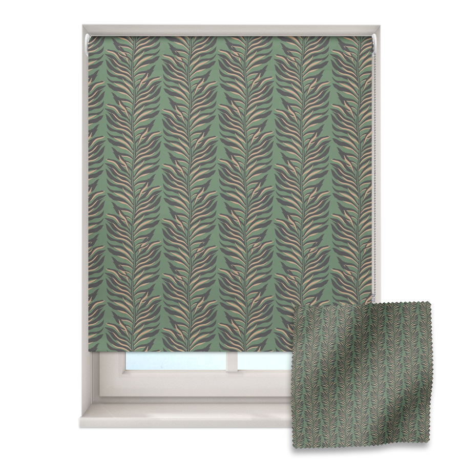 zebra vines roller blind on a window with a fabric swatch in front